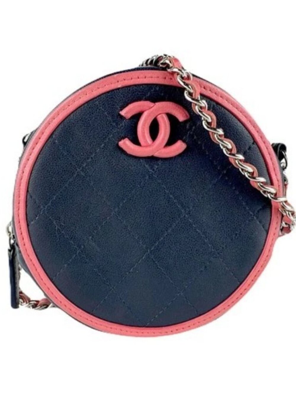 Auth CHANEL Chain Crossbody Shoulder Bag Navy/Pink/Silver Leather/Metal - z8387